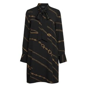 Ann Taylor Black Gold Chain Print Tie Neck Shift Dress XS Long Sleeve